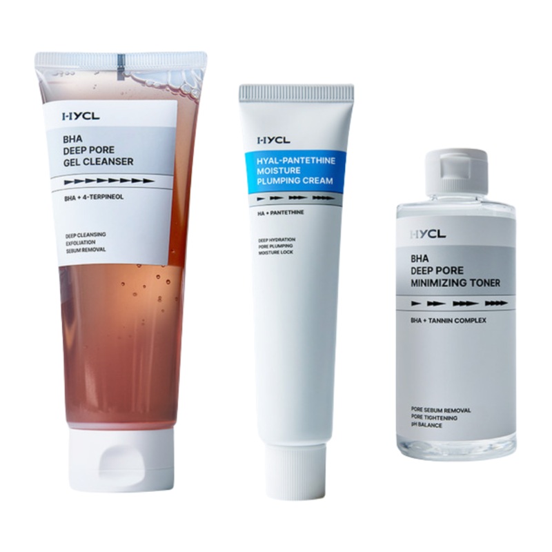 HYCL 3-Piece Set BHA Gel Cleanser 150ml + BHA Toner 200ml + Plumping Cream 70ml
