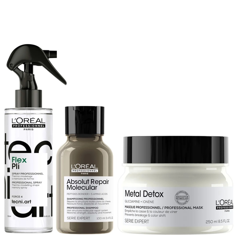 L’Oral Professionnel Metal Detox Hair Mask & Tecni Art Flex Pli Styling Spray, with Free Mini shampoo, 250ml, 190ml & 100ml