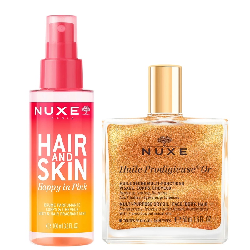 NUXE Huile Prodigieuse Shimmering Multi-Purpose Dry Oil 50ml & ‘Happy In Pink’ Hair & Body Fragrance Mist 100ml Bundle