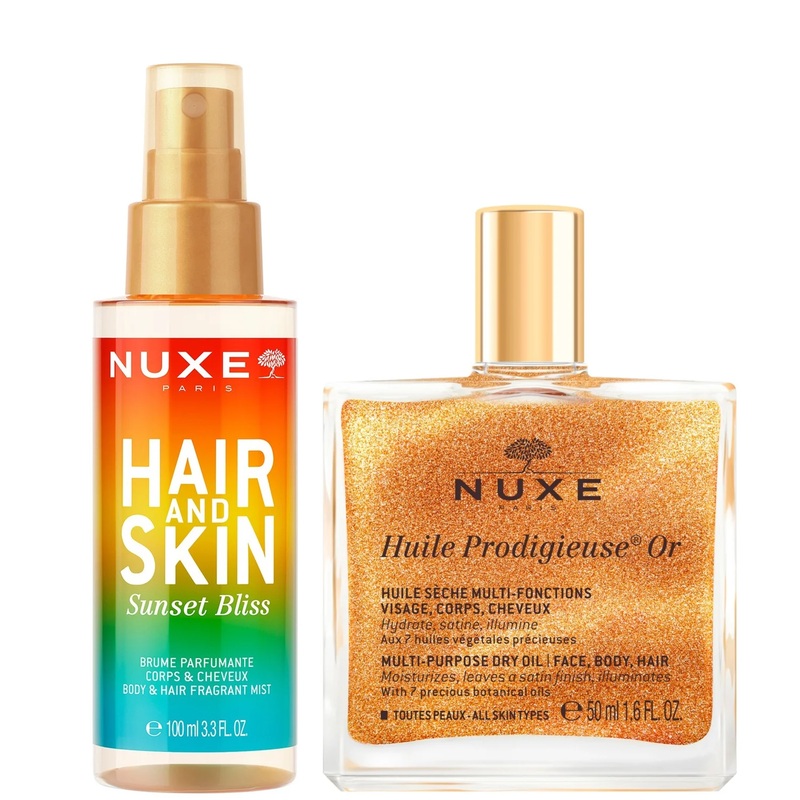 NUXE Huile Prodigieuse Shimmering Multi-Purpose Dry Oil 50ml & ‘Sunset Bliss’ Hair & Body Fragrance Mist 100ml Bundle