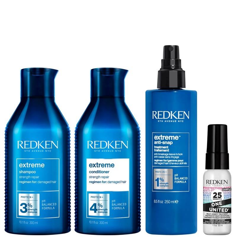 Redken Extreme Shampoo 300ml, Conditioner 300ml, Anti Snap 250ml and One United 30ml Bundle for Damaged Hair (Worth 76.32)